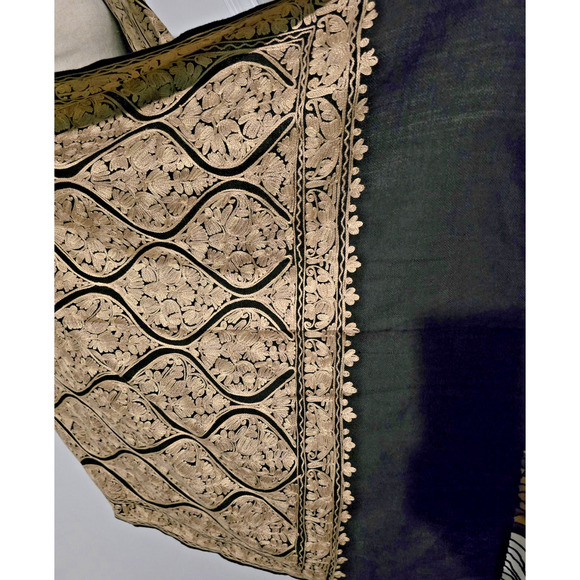 Kashmiri Embroidered Wool Shawl Wrap Stole Black Beige Embellished Women 28 x 80 - Picture 3 of 9